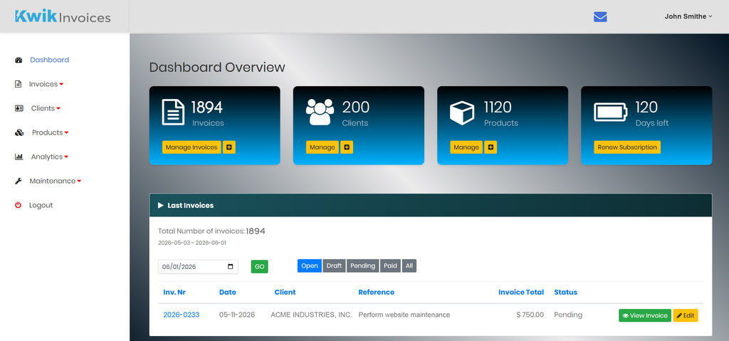 Kwikinvoices Dashboard Preview